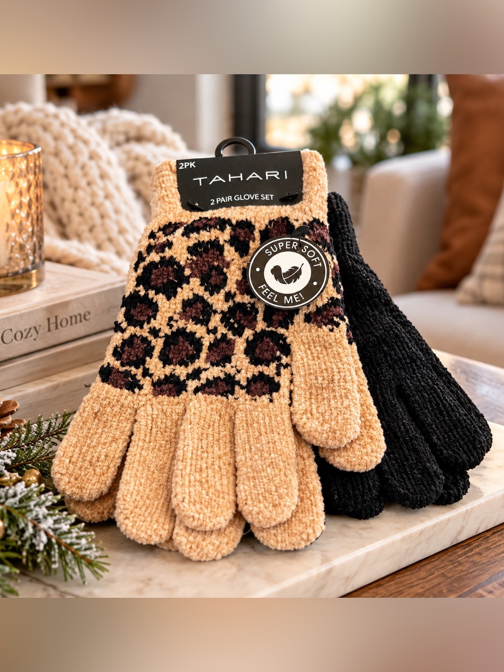 Tahari 2 Pair Chenille Gloves Leopard Black NWT Gift Set